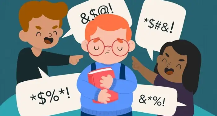 Ilustración de un niño triste rodeado de compañeros que lo señalan y gritan con símbolos de insultos en bocadillos.