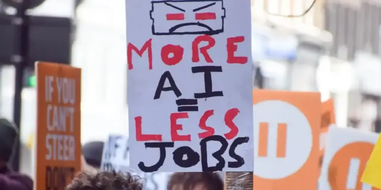 Primer plano de un cartel de protesta que dice 'MORE AI LESS JOBS' con un icono de batería enojada. Fondo borroso de manifestantes.