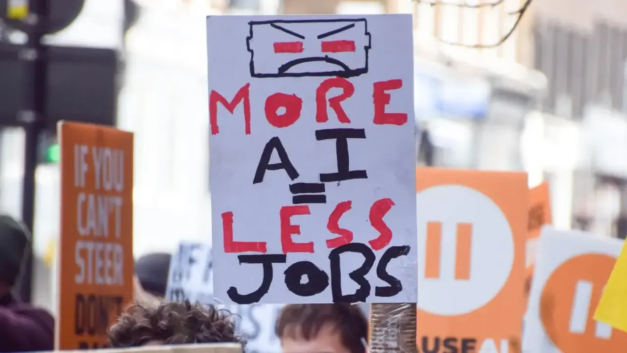 Primer plano de un cartel de protesta que dice 'MORE AI LESS JOBS' con un icono de batería enojada. Fondo borroso de manifestantes.