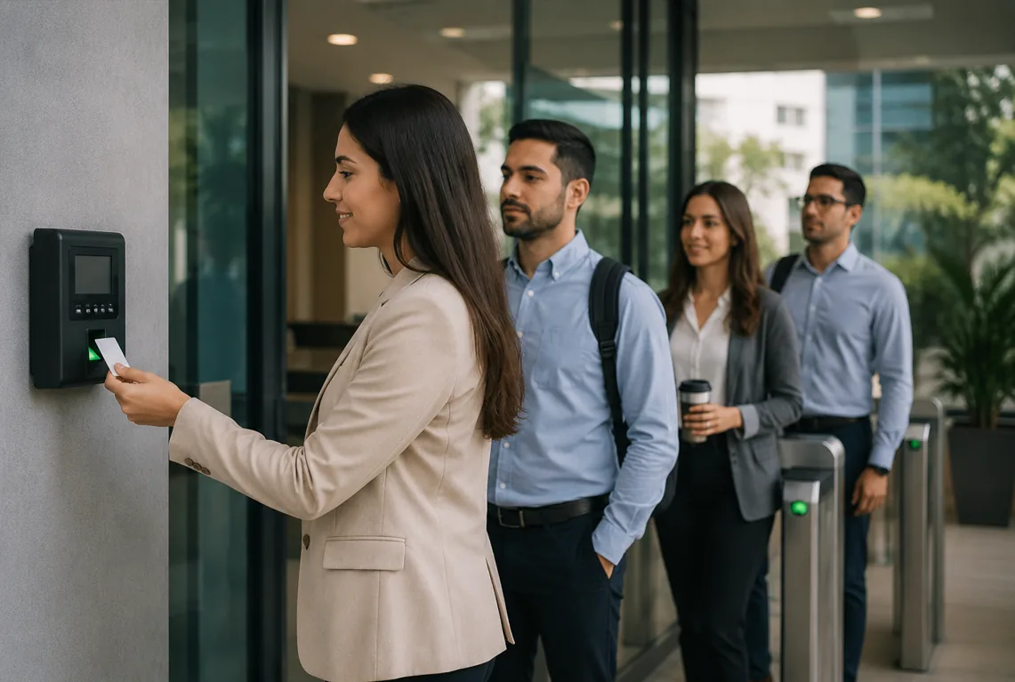 Empleada usando una tarjeta para el control de acceso en una oficina con más profesionales esperando en fila.