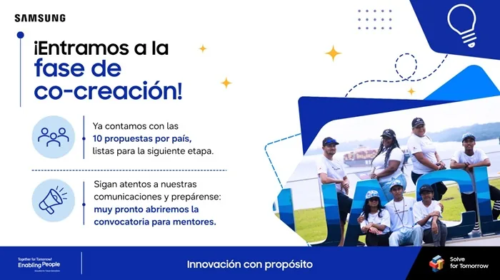 Anuncio corporativo de Samsung sobre la fase de co-creación con un grupo de jóvenes sonrientes al aire libre.