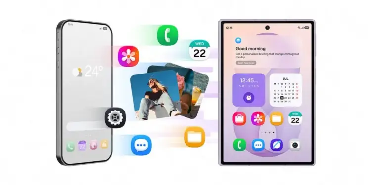 Dos dispositivos móviles, un smartphone y una tablet, mostrando interfaces de usuario modernas con diversas aplicaciones y widgets de productividad.