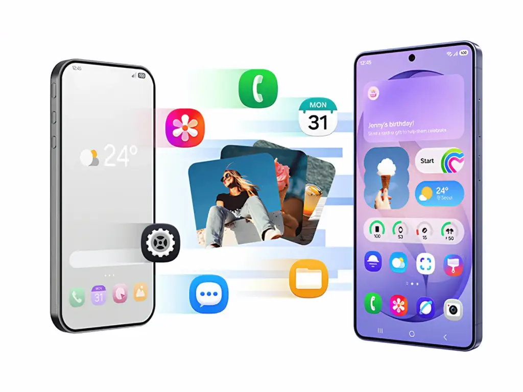 Dos smartphones con interfaces de usuario modernas, mostrando iconos de aplicaciones flotantes como teléfono, calendario, galería y mensajes, sugiriendo conectividad y organización digital.
