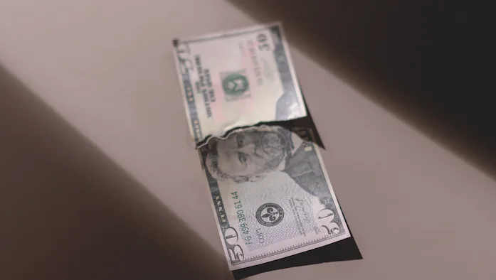 Un billete de cincuenta dólares estadounidenses, con el retrato de Ulysses S. Grant, aparece rasgado por la mitad sobre una superficie clara. Se lee "COPY".