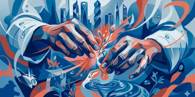 Ilustración de dos manos cuidando una planta joven, con rascacielos al fondo. Gotas de agua y ondas simbolizan crecimiento y desarrollo urbano.