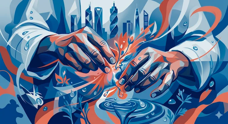 Ilustración de dos manos cuidando una planta joven, con rascacielos al fondo. Gotas de agua y ondas simbolizan crecimiento y desarrollo urbano.