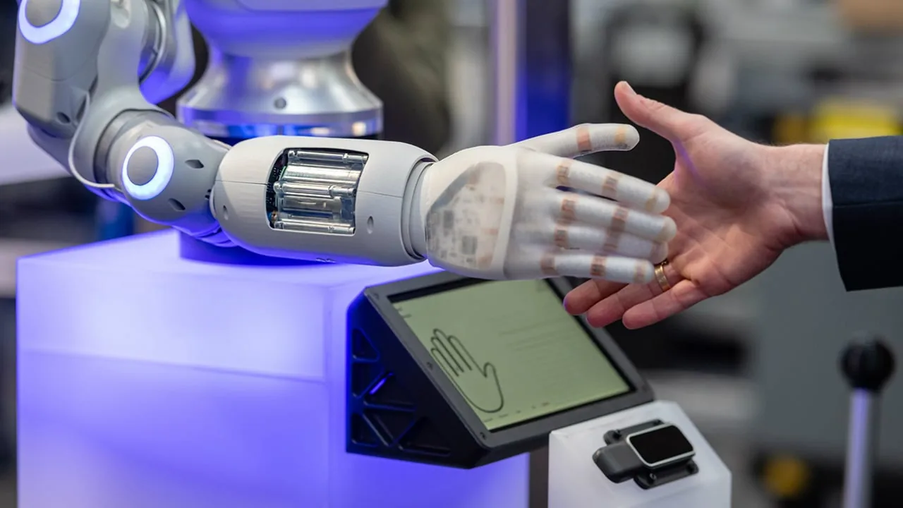 Primer plano de un robot y un humano dándose la mano. El brazo robótico es gris y blanco con luces azules, y la mano es translúcida. La mano humana lleva un anillo.