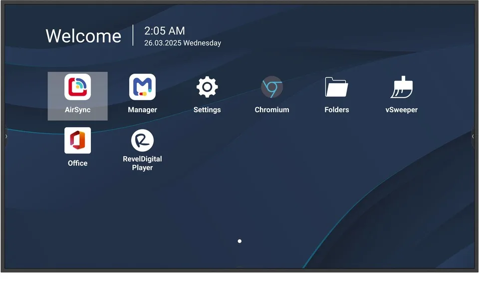 Pantalla digital con interfaz de usuario en tono azul oscuro. Muestra "Welcome", hora y fecha. Iconos de aplicaciones como AirSync, Manager, Settings, Office y Folders. AirSync está resaltado.