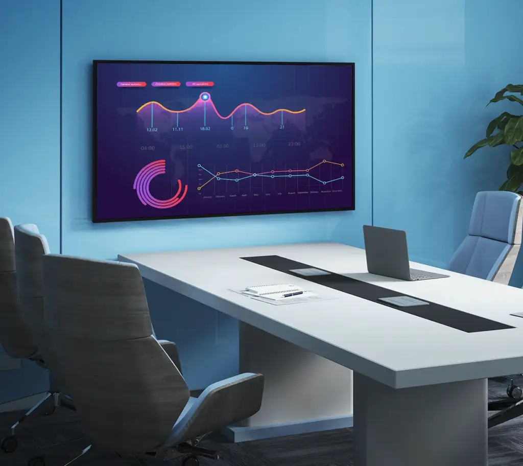 Sala de reuniones moderna con pantalla grande mostrando gráficos de análisis de datos financieros y empresariales. Mesa blanca con laptop y cuadernos.