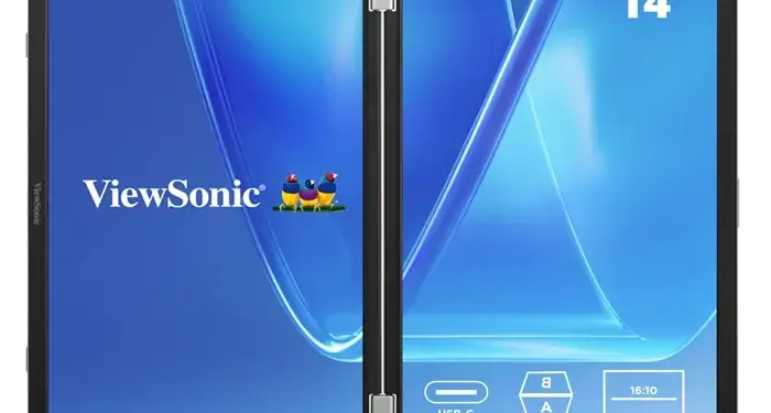 Monitor portátil de doble pantalla ViewSonic con diseño plegable, conectividad USB-C y fondo de pantalla azul.