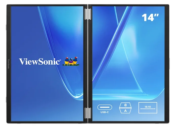 Monitor portátil de doble pantalla ViewSonic con diseño plegable, conectividad USB-C y fondo de pantalla azul.
