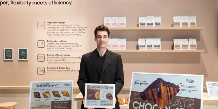 Hombre de traje negro sonriendo mientras sostiene un cartel publicitario digital en una cafetería moderna.