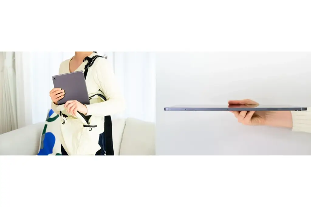 Persona sosteniendo una tableta digital junto a una mochila y primer plano del perfil delgado del dispositivo.