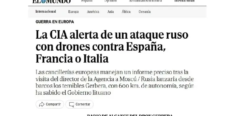 Captura de pantalla de una noticia de El Mundo sobre una alerta de ataque ruso con drones en Europa.