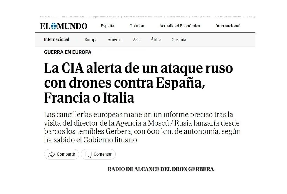 Captura de pantalla de una noticia de El Mundo sobre una alerta de ataque ruso con drones en Europa.