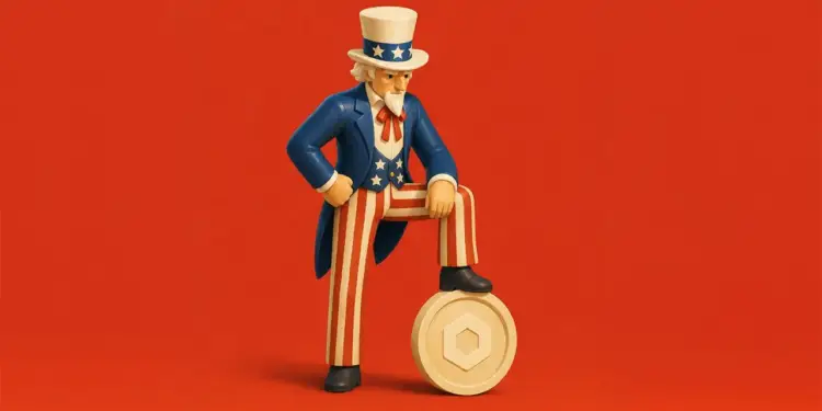 Figura del Tío Sam con traje patriótico, un pie sobre una gran moneda dorada con un hexágono central, sobre fondo rojo.
