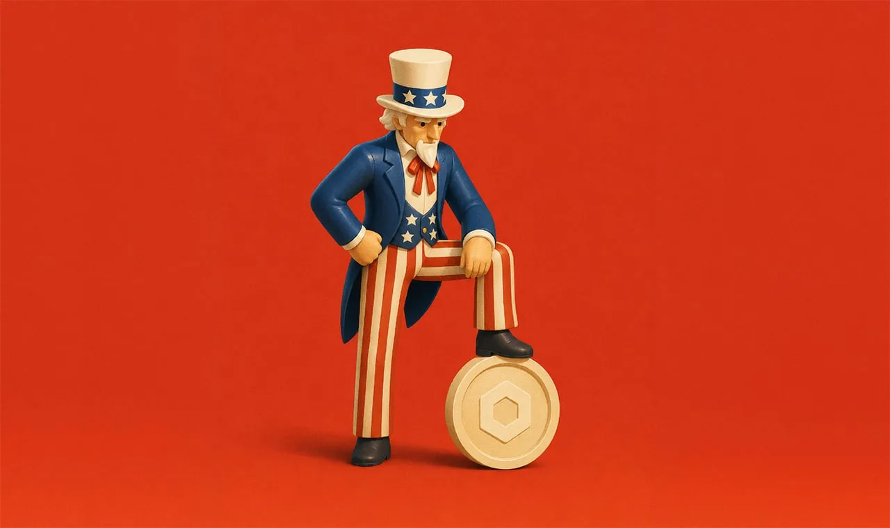 Figura del Tío Sam con traje patriótico, un pie sobre una gran moneda dorada con un hexágono central, sobre fondo rojo.
