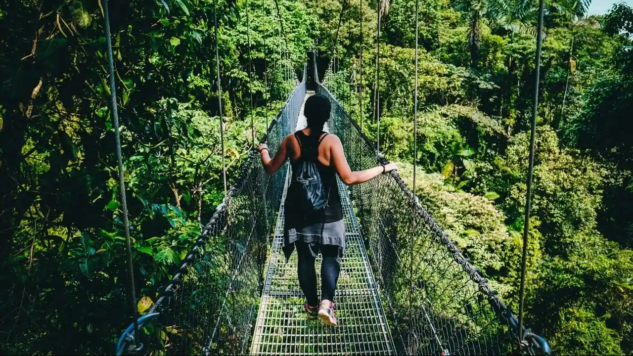 Una persona con mochila caminando por un puente colgante de metal rodeado de vegetación densa.