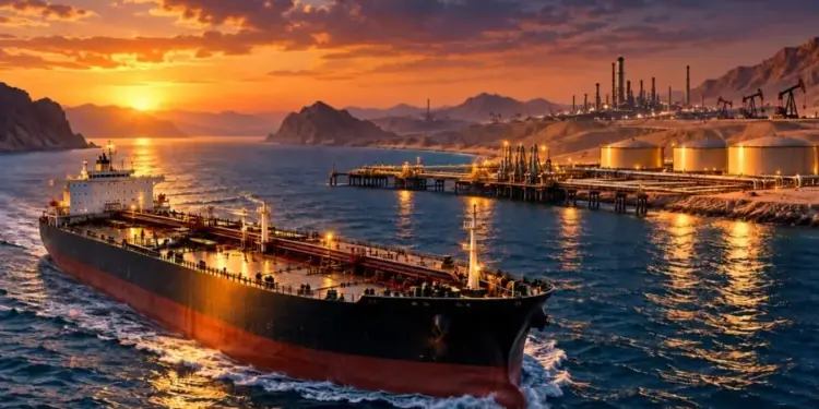 Gran buque petrolero navegando en el mar cerca de una refinería industrial durante un atardecer