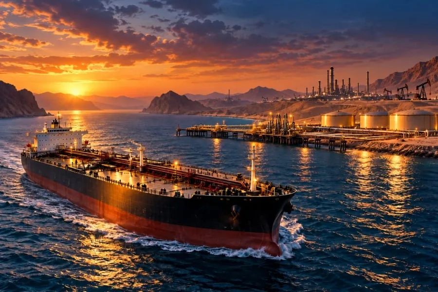 Gran buque petrolero navegando en el mar cerca de una refinería industrial durante un atardecer