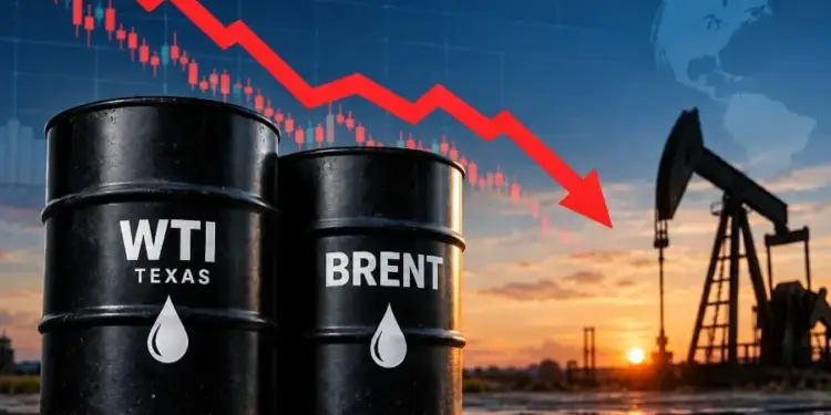 Barriles de petróleo WTI y Brent con gráfico bursátil en caída y torre de extracción.