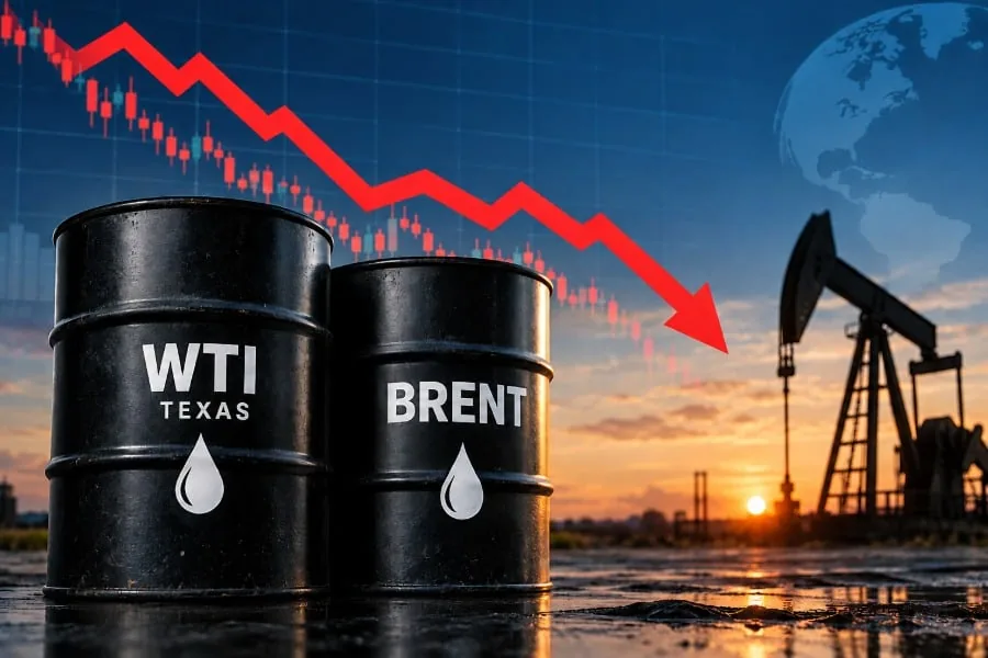 Barriles de petróleo WTI y Brent con gráfico bursátil en caída y torre de extracción.