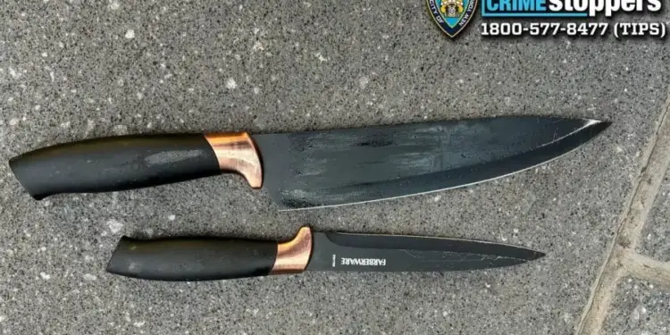 Dos cuchillos con mango negro y detalles cobrizos colocados sobre una superficie de piedra gris, con un cartel policial superior.
