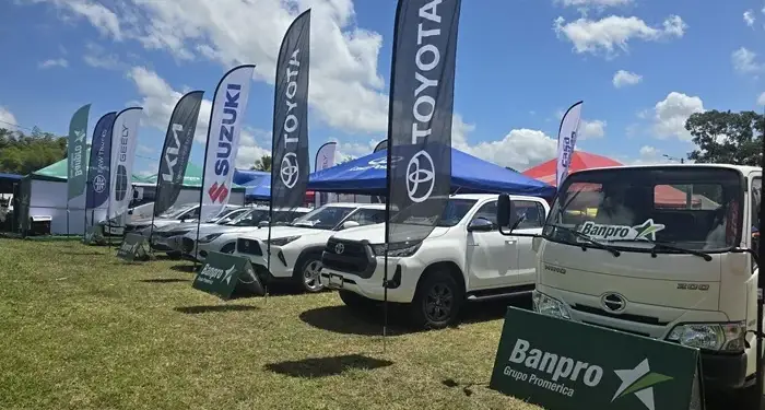 Exhibición de vehículos nuevos de diversas marcas como Toyota, Suzuki y Kia, con banderas promocionales y carpas al aire libre bajo un cielo nublado.