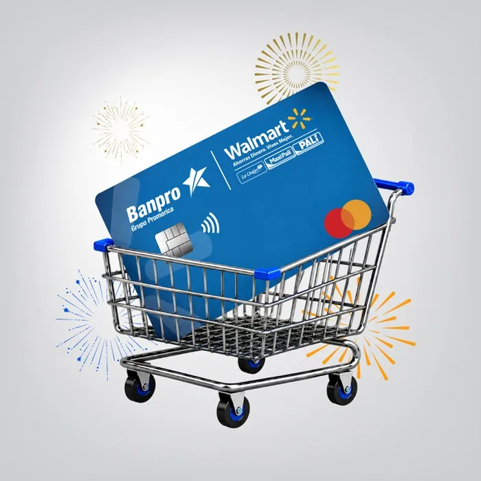 Tarjeta de crédito azul de Banpro y Walmart dentro de un carrito de compras metálico con fuegos artificiales de fondo.