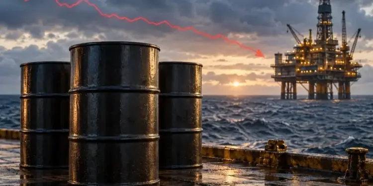 Barriles de petróleo en primer plano con una plataforma petrolífera en el mar al atardecer. Una línea roja descendente indica la caída de precios.