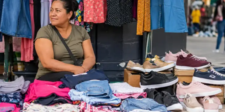 Una mujer comerciante sonríe sentada junto a su puesto de ropa y calzado en la calle.