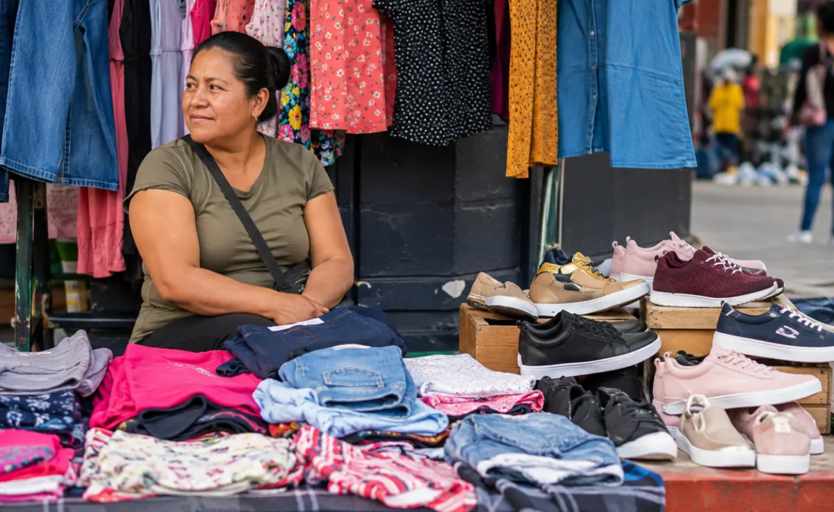 Una mujer comerciante sonríe sentada junto a su puesto de ropa y calzado en la calle.