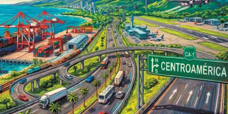 Ilustración de un puerto marítimo con grúas y contenedores, una autopista con tráfico de camiones y autos, un aeropuerto con aviones y montañas al fondo, señalizando Centroamérica.