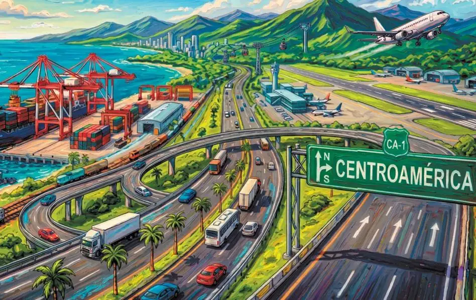 Ilustración de un puerto marítimo con grúas y contenedores, una autopista con tráfico de camiones y autos, un aeropuerto con aviones y montañas al fondo, señalizando Centroamérica.