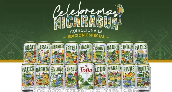 Colección de latas de bebida con diseños artísticos coloridos y nombres de departamentos de Nicaragua sobre fondo verde.
