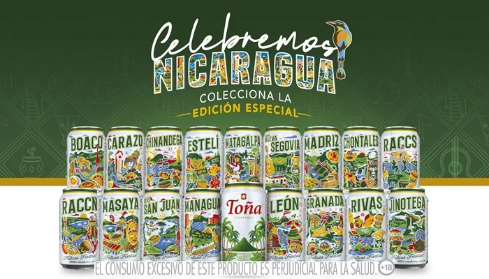 Colección de latas de bebida con diseños artísticos coloridos y nombres de departamentos de Nicaragua sobre fondo verde.