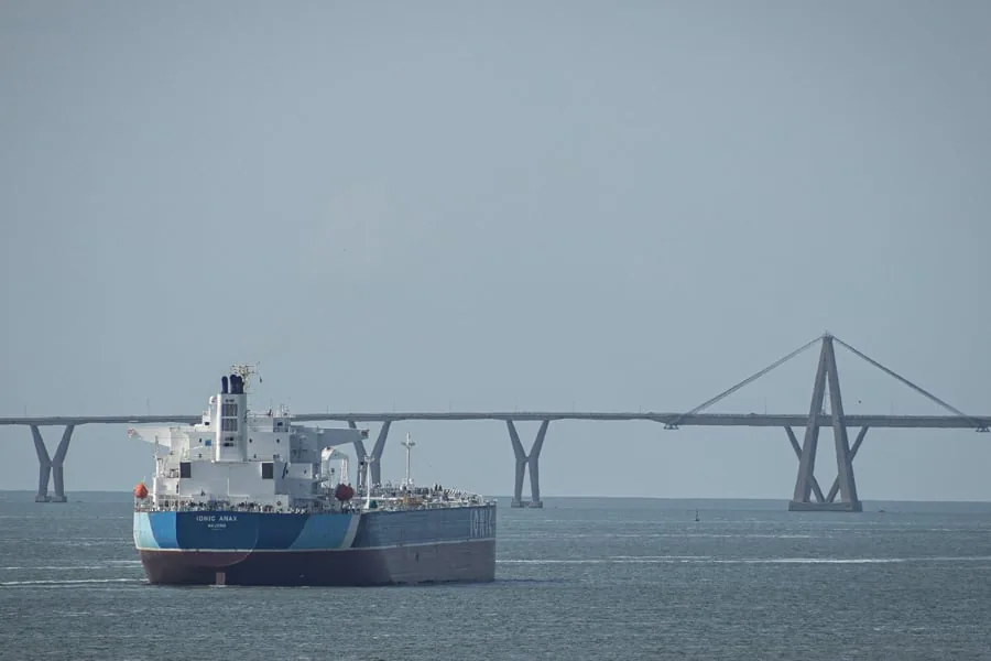 Un gran buque carguero navega por el mar con un puente colgante y atirantado de fondo bajo un cielo despejado.
