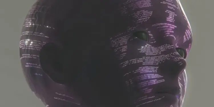Primer plano de una cabeza de maniquí o figura digital de color morado oscuro, con líneas de código de programación proyectadas sobre su superficie. Los ojos son de un tono verde oscuro. La imagen evoca temas de inteligencia artificial y tecnología.