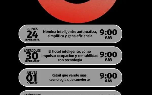 Invitación a próximos webinars de Claro Empresas sobre tecnología, IA, retail y gestión de nómina, con fechas y horarios especificados.