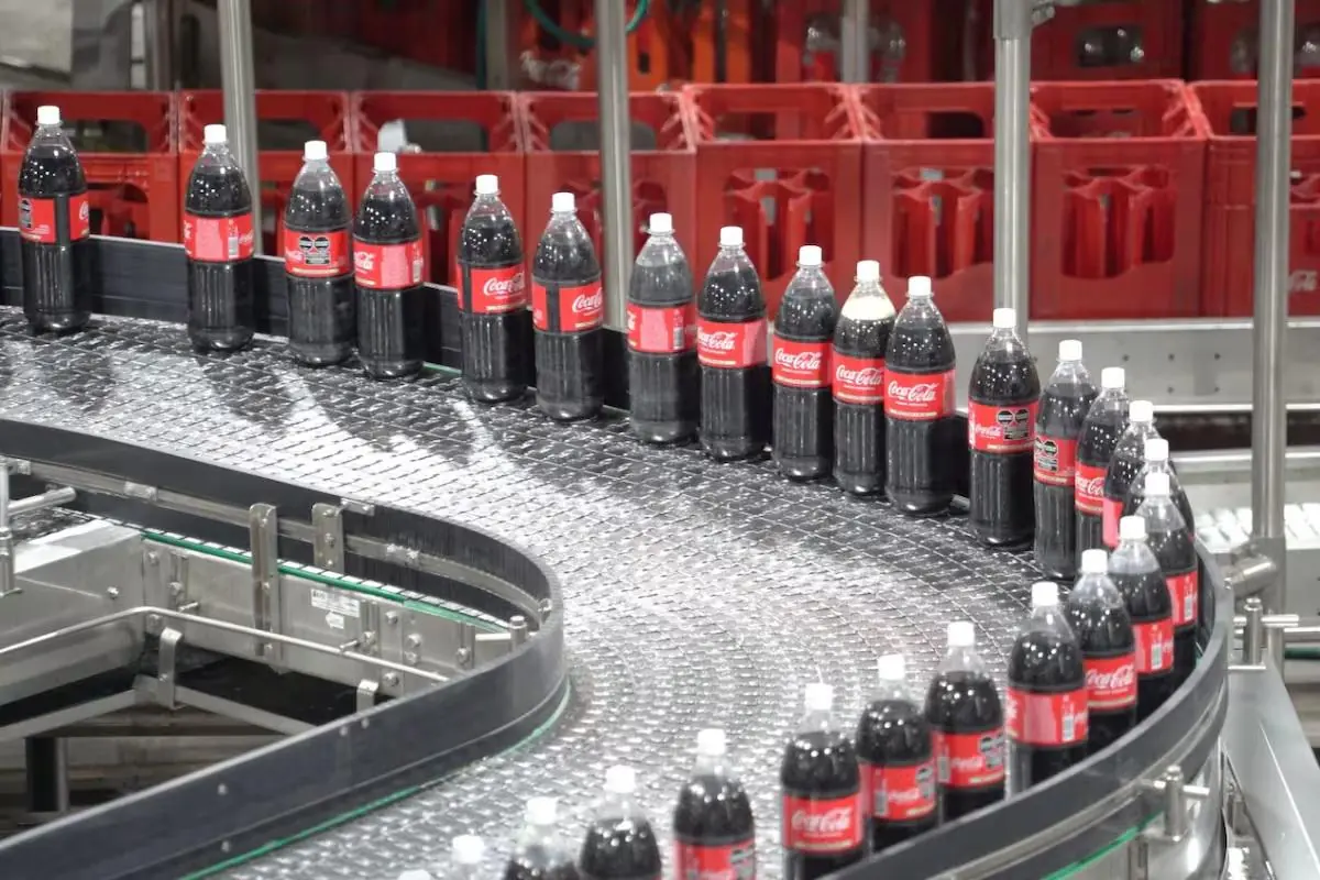 Botellas oscuras con etiquetas rojas avanzando en una cinta transportadora industrial.