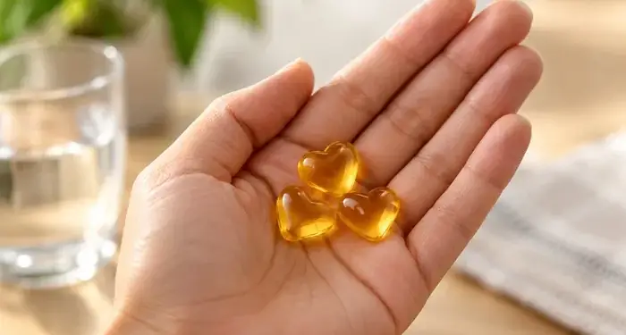 Mano sosteniendo tres cápsulas gelatinosas doradas en forma de corazón junto a un vaso de agua.