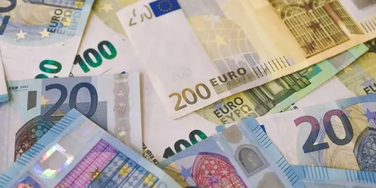 Primer plano de varios billetes de euro en efectivo de diferentes denominaciones dispuestos desordenadamente.