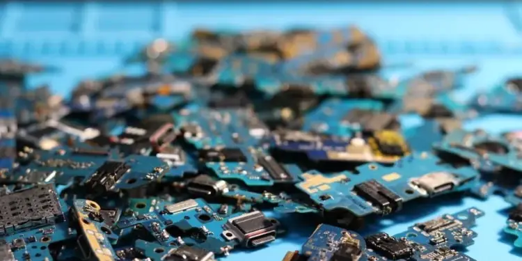 Montón de placas base y componentes electrónicos sobre una superficie azul para reciclaje.
