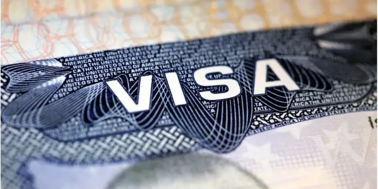 Primer plano de una visa impresa en un pasaporte con la palabra VISA en letras grandes y patrones de seguridad.