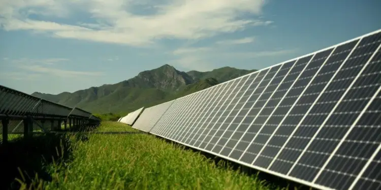 Paneles solares en un campo verde con montañas al fondo, simbolizando energía renovable y sostenibilidad económica.