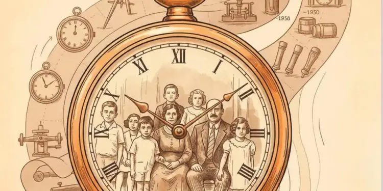 Ilustración de un reloj de bolsillo antiguo con una familia de siete personas. Alrededor, una línea de tiempo con objetos históricos y tecnológicos.