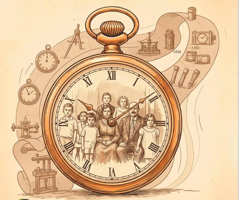 Ilustración de un reloj de bolsillo antiguo con una familia de siete personas. Alrededor, una línea de tiempo con objetos históricos y tecnológicos.