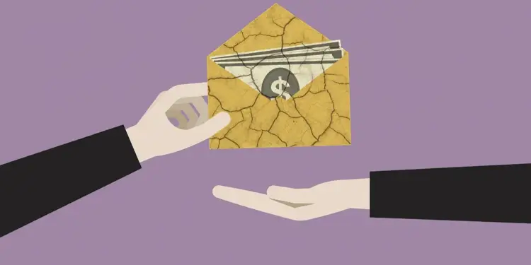 Ilustración de una mano entregando un sobre agrietado con billetes y símbolo de dólar a otra mano sobre fondo morado