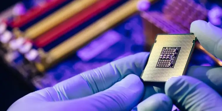 Manos enguantadas sosteniendo un microprocesador con pines dorados, sobre un fondo borroso de una placa base con ranuras de memoria rojas y amarillas. Iluminación tecnológica.