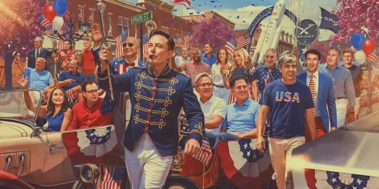 Ilustración de un desfile con figuras empresariales, banderas de EE. UU., globos y un cohete SPACEX en Main St.